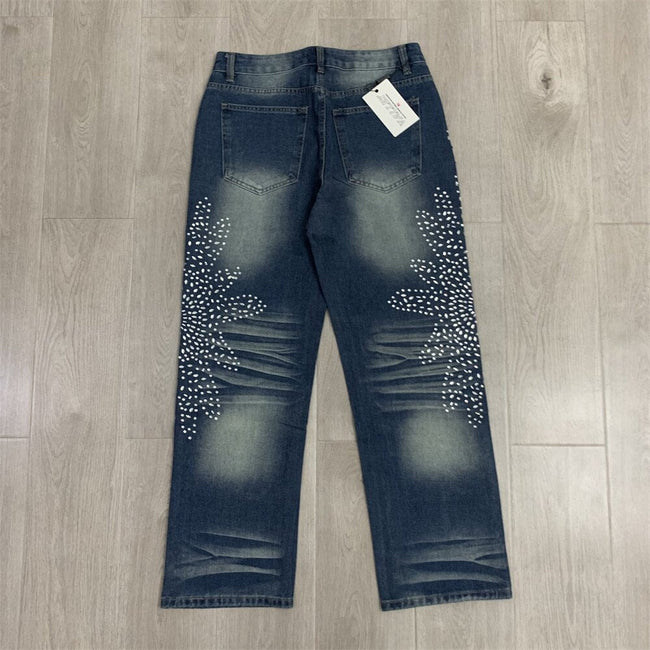 VALLEY White Dots Print Distressed Washed‑Blue Straight‑Leg Jeans, Y2K Streetwear Unisex Denim Pants Hover Image