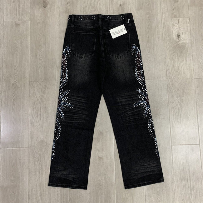 VALLEY Gradient Rhinestone Star Washed‑Black Straight‑Leg Jeans, Y2K Hip‑Hop Unisex Denim Pants Main Image