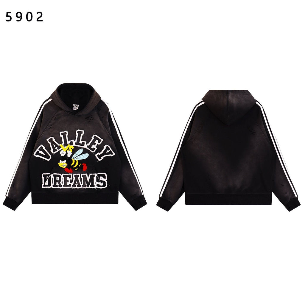 Valley Dreams Cartoon Bee Chenille Patch Pullover Hoodie, Black Vintage Distressed Striped‑Sleeve Streetwear Unisex Sweatshirt