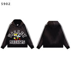 Valley Dreams Cartoon Bee Chenille Patch Pullover Hoodie, Black Vintage Distressed Striped‑Sleeve Streetwear Unisex Sweatshirt