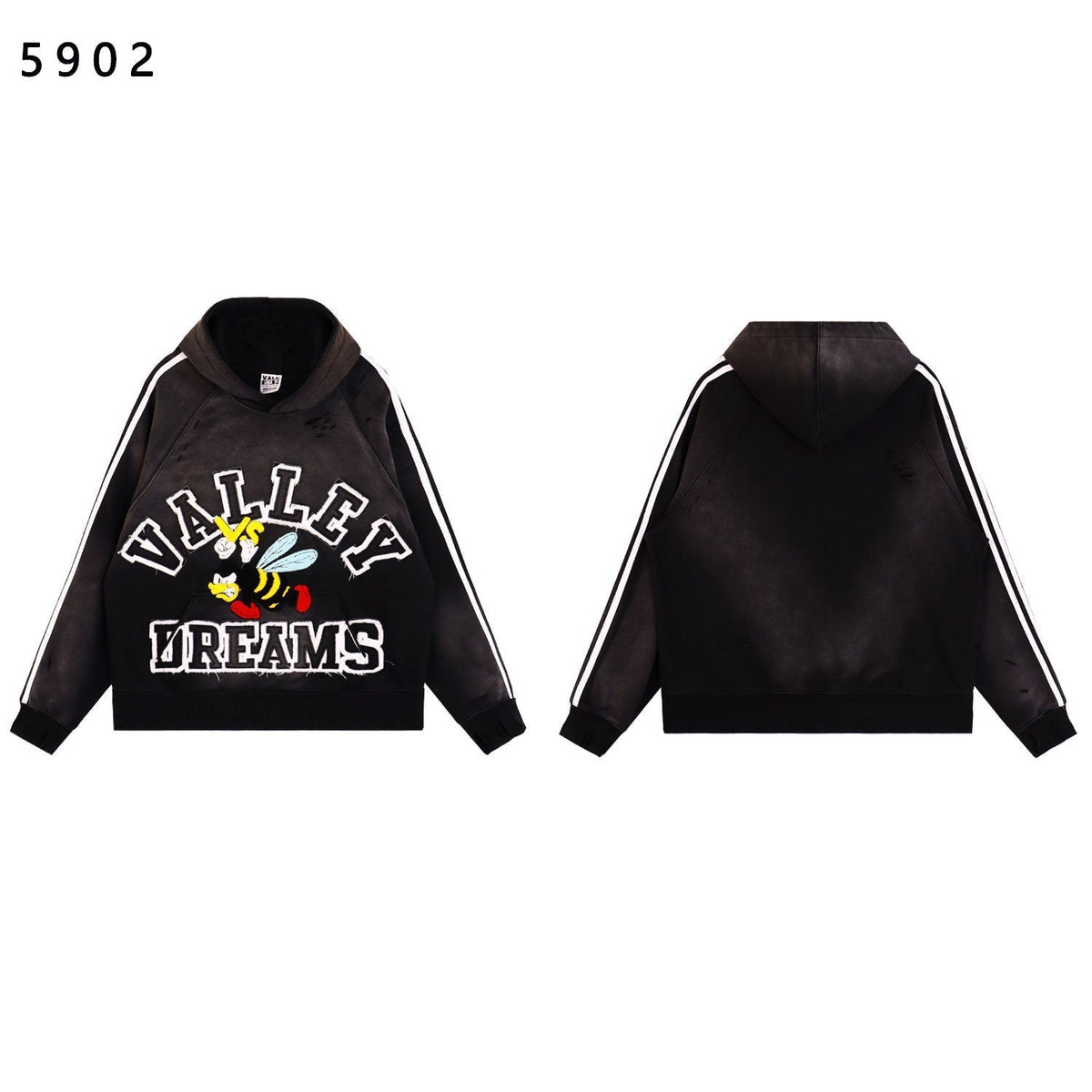 Valley Dreams Cartoon Bee Chenille Patch Pullover Hoodie, Black Vintage Distressed Striped‑Sleeve Streetwear Unisex Sweatshirt