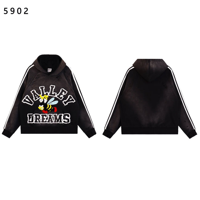 Valley Dreams Cartoon Bee Chenille Patch Pullover Hoodie, Black Vintage Distressed Striped‑Sleeve Streetwear Unisex Sweatshirt Hover Image