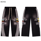 Valley Dreams Cartoon‑Bee White‑Stripe Wide‑Leg Sweatpants, Vintage Black Washed Streetwear Unisex Trousers