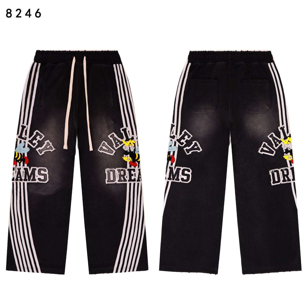 Valley Dreams Cartoon‑Bee White‑Stripe Wide‑Leg Sweatpants, Vintage Black Washed Streetwear Unisex Trousers