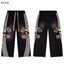 Valley Dreams Cartoon‑Bee White‑Stripe Wide‑Leg Sweatpants, Vintage Black Washed Streetwear Unisex Trousers