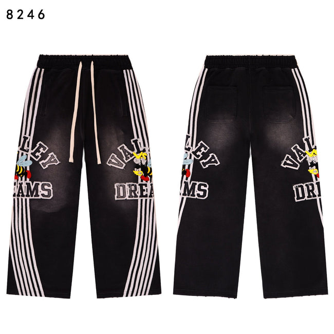 Valley Dreams Cartoon‑Bee White‑Stripe Wide‑Leg Sweatpants, Vintage Black Washed Streetwear Unisex Trousers Hover Image
