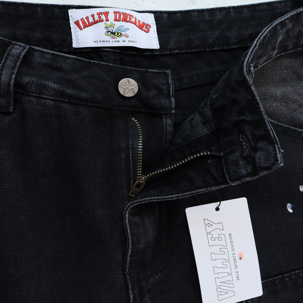 Valley Embroidered Paint‑Splatter Distressed Carpenter Baggy Jeans, Washed‑Black Unisex Wide‑Leg Denim Pants