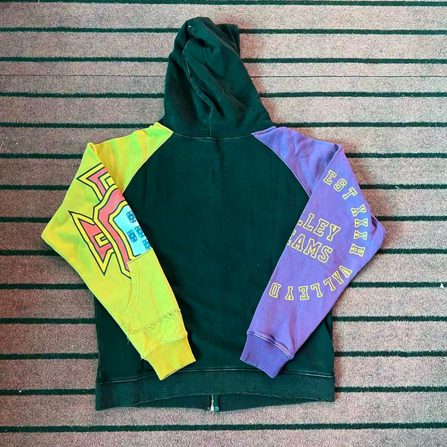 Valley Dreams Color‑Block Raglan Zip‑Up Hoodie, Green Purple Yellow Contrast‑Sleeve Oversized Streetwear Unisex Jacket Main Image