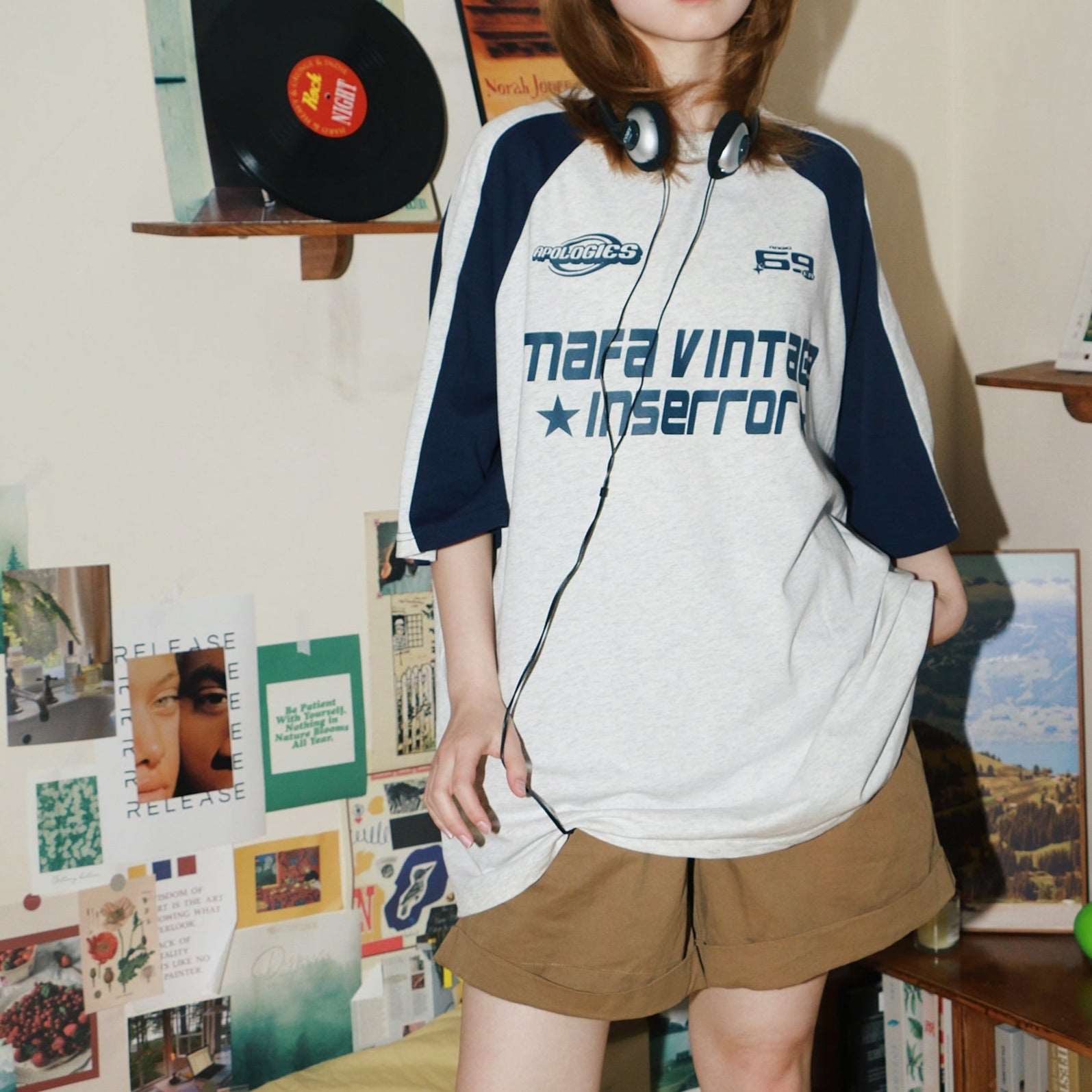 American letter print patchwork raglan oversize short sleeves