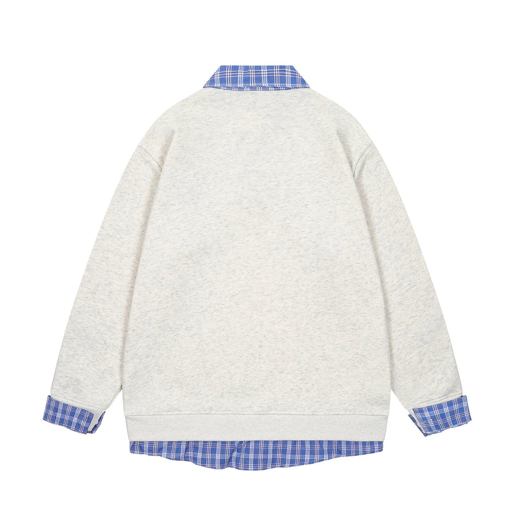 Spliced plaid fake two-piece polo sweatshirt
