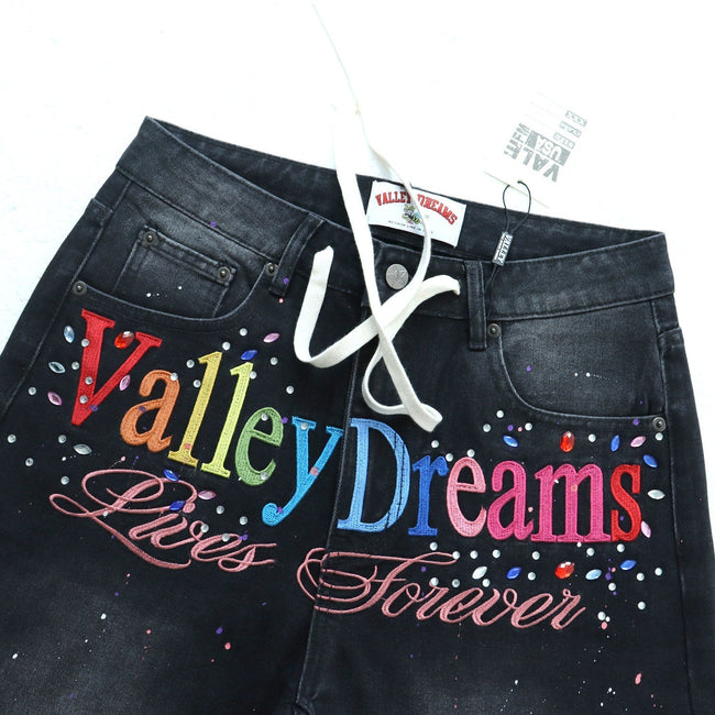 Valley Dreams Multicolor‑Letter Paint‑Splatter Baggy Jeans, Vintage Washed‑Black Unisex Wide‑Leg Denim Pants Main Image