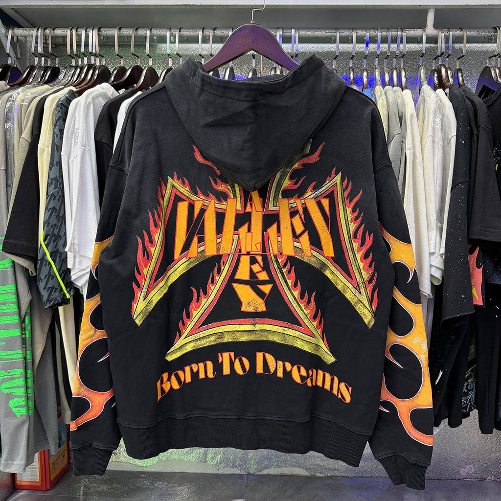 Valley Dreams Flame‑Sleeve Graphic Zip‑Up Hoodie, Black Vintage Washed Oversized Streetwear Unisex Jacket