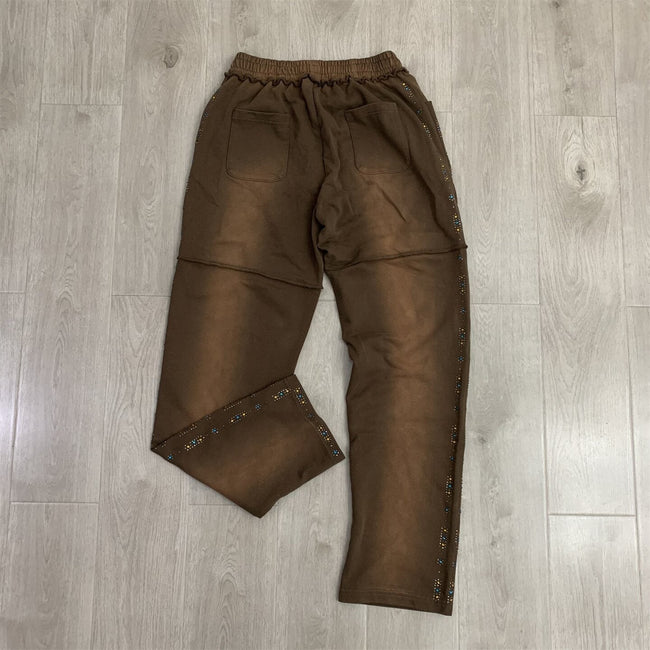 Valley Dreams Rhinestone Letter Flare Sweatpants, Vintage Brown Washed Streetwear Unisex Trousers Main Image