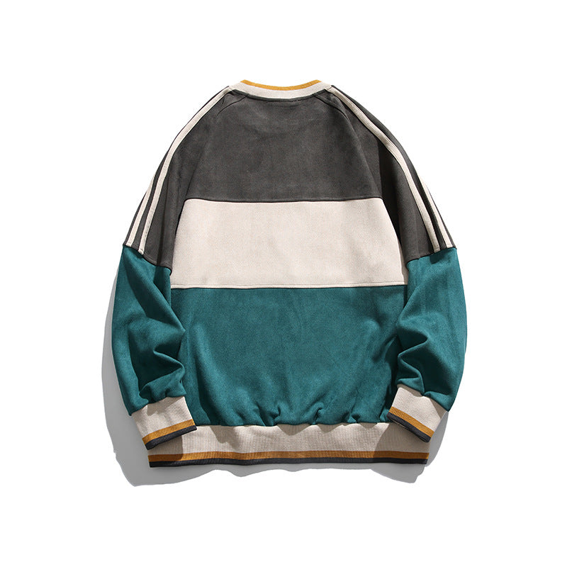 American retro contrast color patchwork crew neck sweatshirt