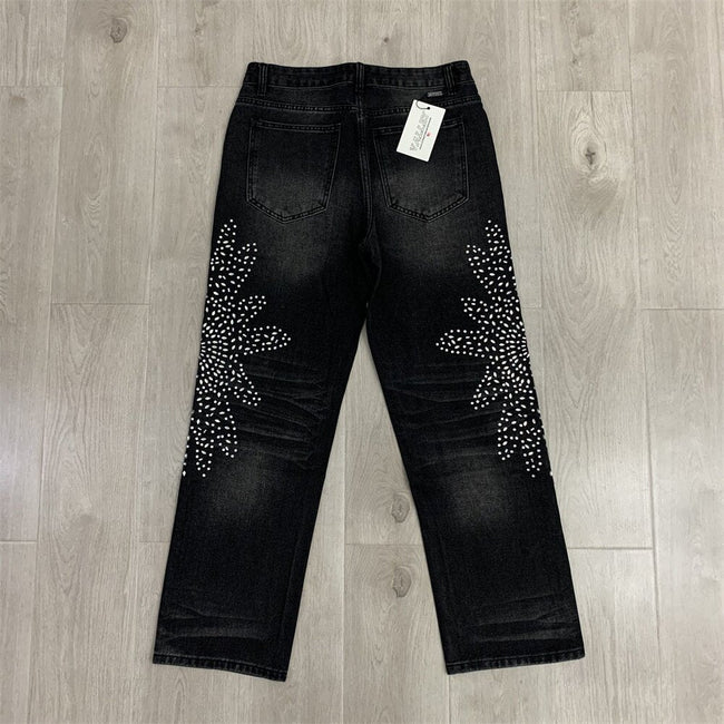VALLEY White Dots Print Distressed Washed‑Black Straight‑Leg Jeans, Y2K Streetwear Unisex Denim Pants Hover Image
