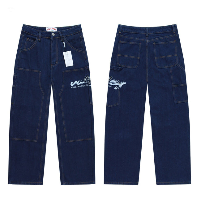 Valley Letter‑Embroidered Carpenter Baggy Jeans, Dark‑Blue Raw‑Wash Unisex Wide‑Leg Denim Pants Hover Image