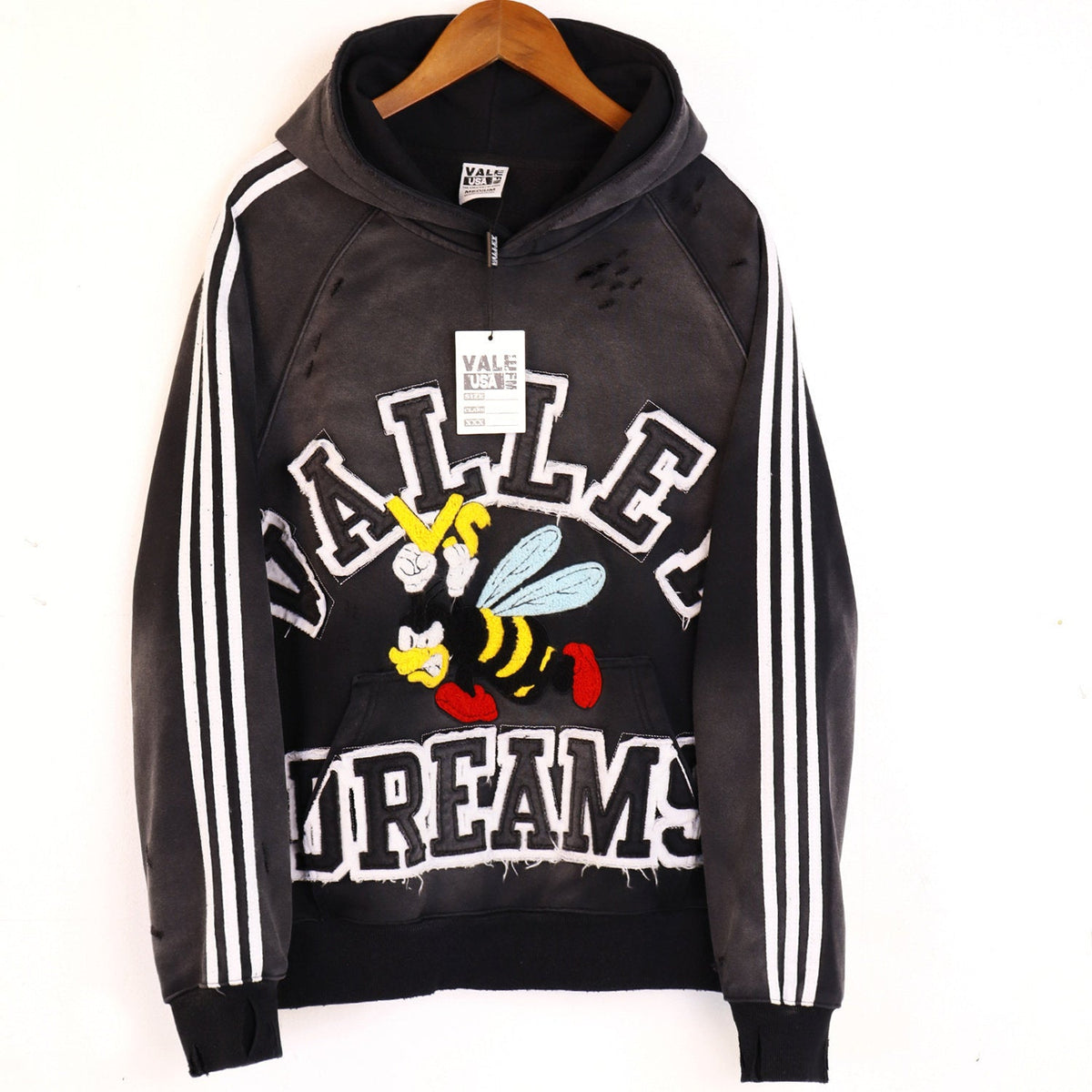 Valley Dreams Cartoon Bee Chenille Patch Pullover Hoodie, Black Vintage Distressed Striped‑Sleeve Streetwear Unisex Sweatshirt
