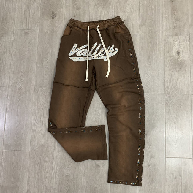 Valley Dreams Rhinestone Letter Flare Sweatpants, Vintage Brown Washed Streetwear Unisex Trousers Hover Image