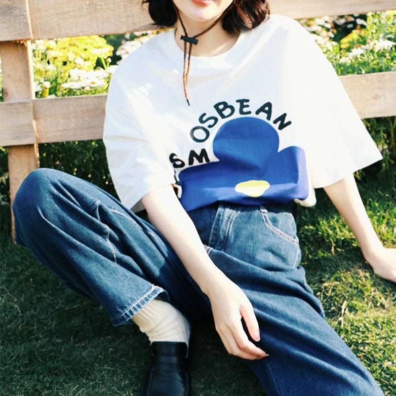Retro letter flower pattern couple short sleeves