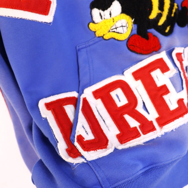 Valley Dreams Cartoon Bee Chenille Patch Pullover Hoodie, Blue Vintage Distressed Striped‑Sleeve Streetwear Unisex Sweatshirt Main Image