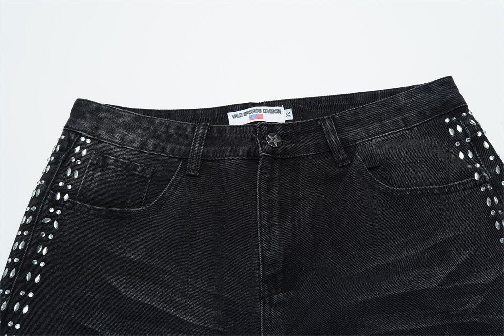 VALLEY White Dots Print Distressed Washed‑Black Straight‑Leg Jeans, Y2K Streetwear Unisex Denim Pants