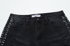 VALLEY White Dots Print Distressed Washed‑Black Straight‑Leg Jeans, Y2K Streetwear Unisex Denim Pants