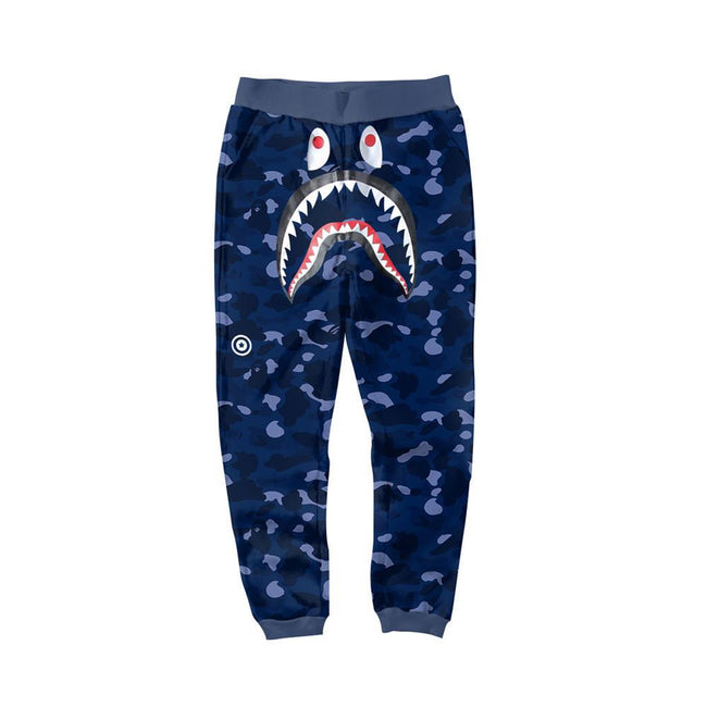 BAPE Navy Blue Camo Shark Face Graphic Jogger Pants Unisex Streetwear Sweatpants Main Image