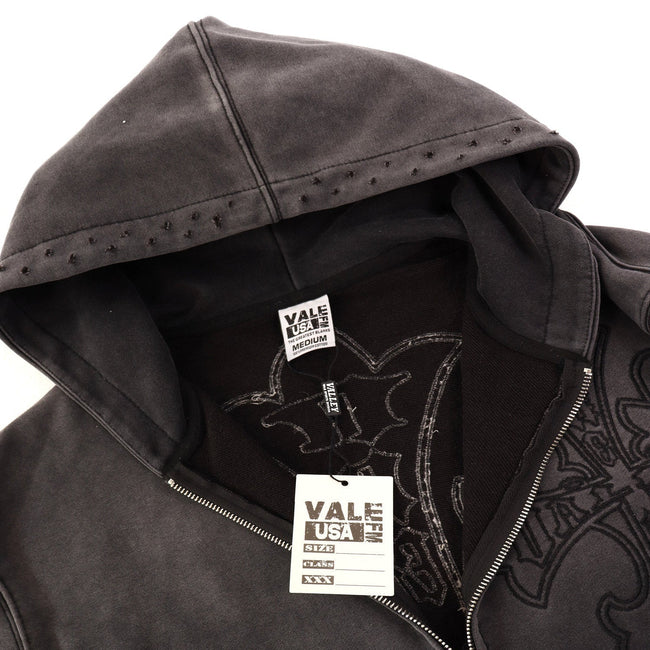 Valley Dreams Embossed Cross Zip‑Up Hoodie, Dark Grey Vintage Washed Distressed Streetwear Unisex Jacket Main Image