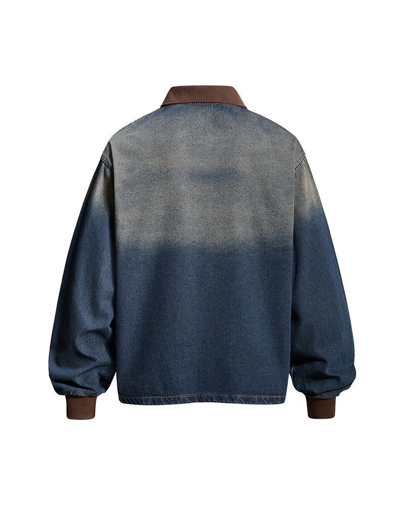 Distressed gradient denim long-sleeved shirt