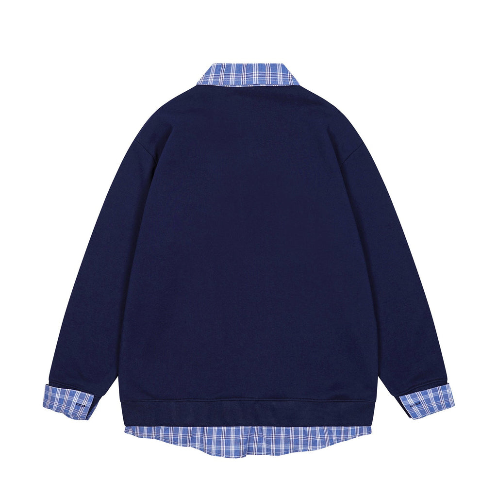 Spliced plaid fake two-piece polo sweatshirt