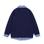 Spliced plaid fake two-piece polo sweatshirt