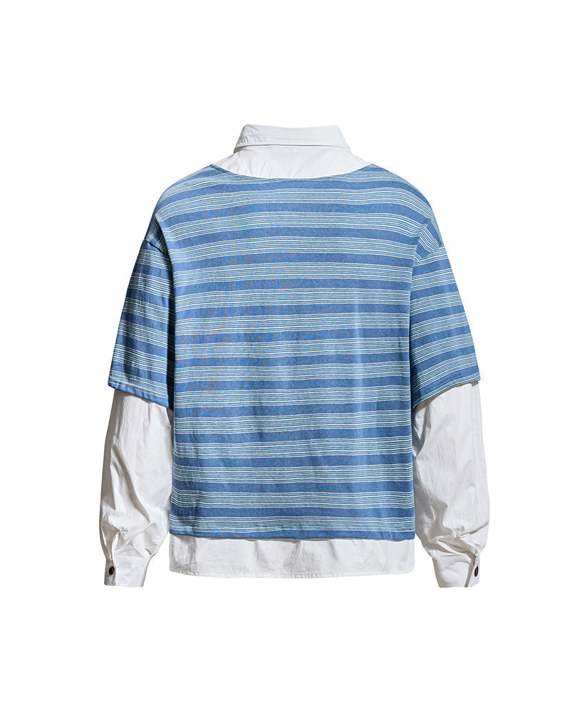 Faux two-piece polo shirt with spliced long sleeves