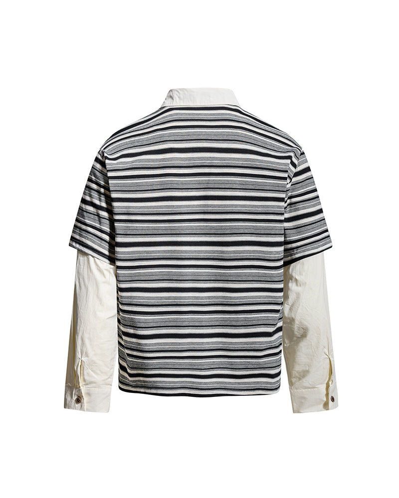 Retro-style faux two-piece polo long-sleeved shirt
