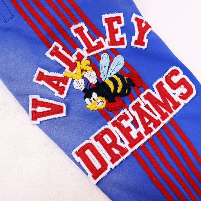 Valley Dreams Cartoon Bee Stripe‑Sleeve Wide‑Leg Sweatpants, Washed Blue Vintage Streetwear Unisex Trousers Main Image