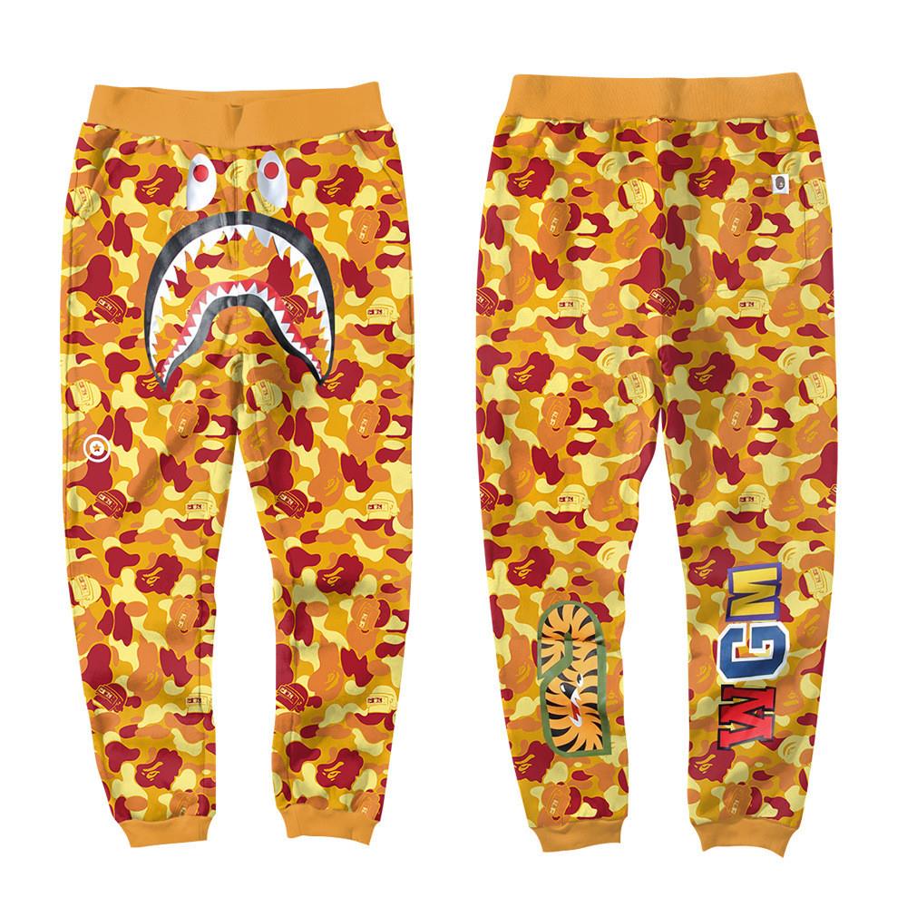 BAPE Orange Red Camo Shark Face Graphic Jogger Pants Unisex Streetwear Sweatpants
