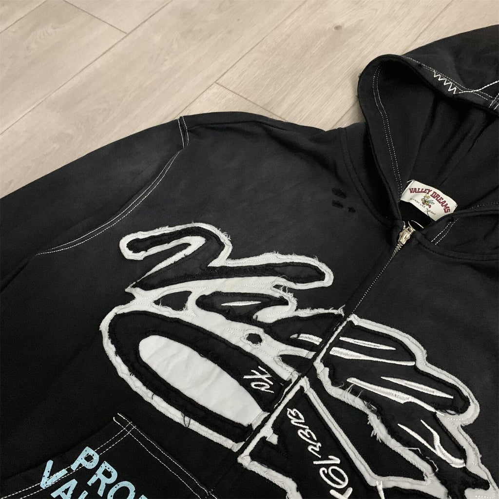 VALLEY Black Graffiti‑Print Valley Dreams Zip‑Up Hoodie Unisex Oversized Jacket