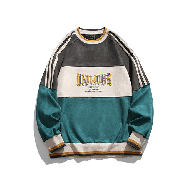 American retro contrast color patchwork crew neck sweatshirt Main Image