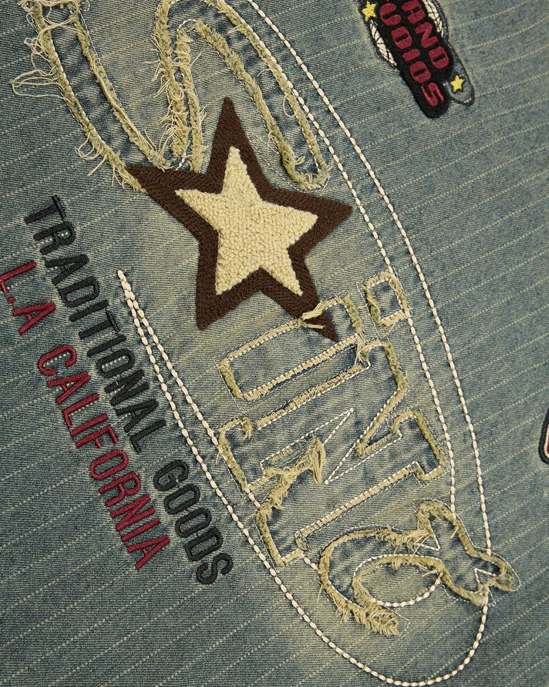 Distressed denim short-sleeved shirt with appliqué