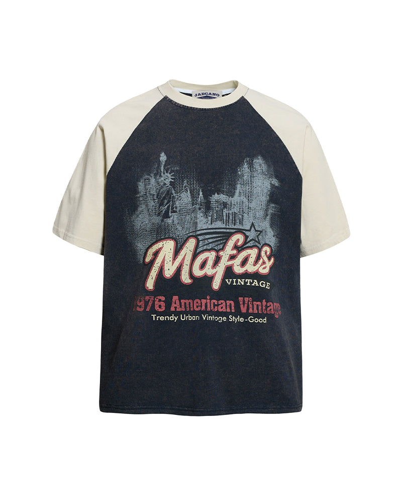 Distressed print color-blocked short-sleeved shirt
