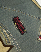 Distressed denim short-sleeved shirt with appliqué
