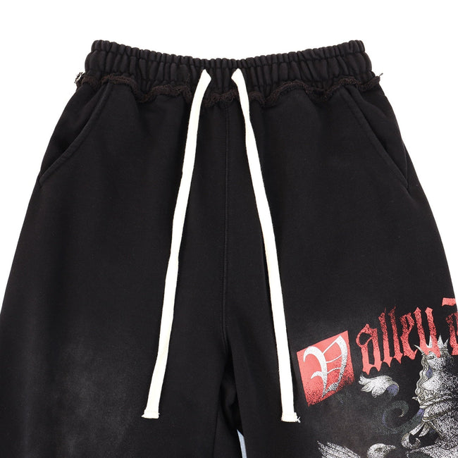 VALLEY Vintage Knight‑Dragon Graphic Jogger Sweatpants, Washed‑Black Unisex Streetwear Trousers Main Image