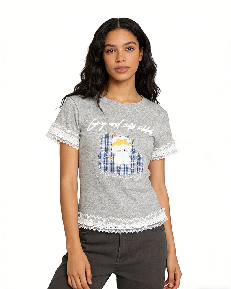 Lace-paneled short-sleeved top