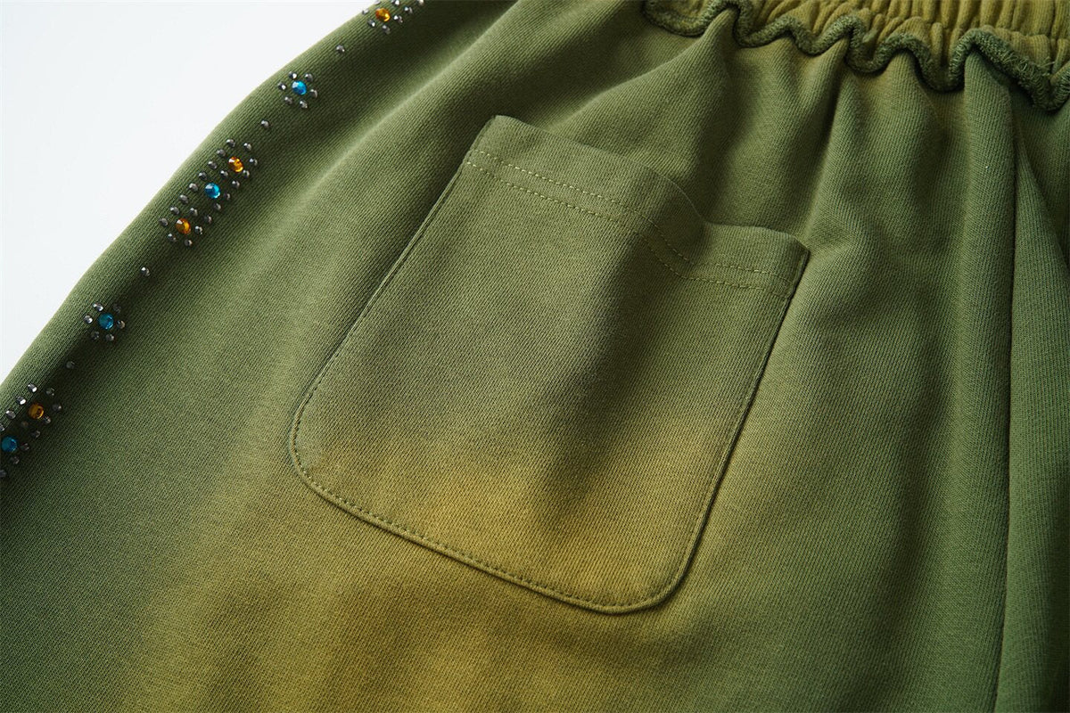 Valley Dreams Rhinestone Letter Wide‑Leg Sweatpants, Vintage Green Washed Streetwear Unisex Trousers