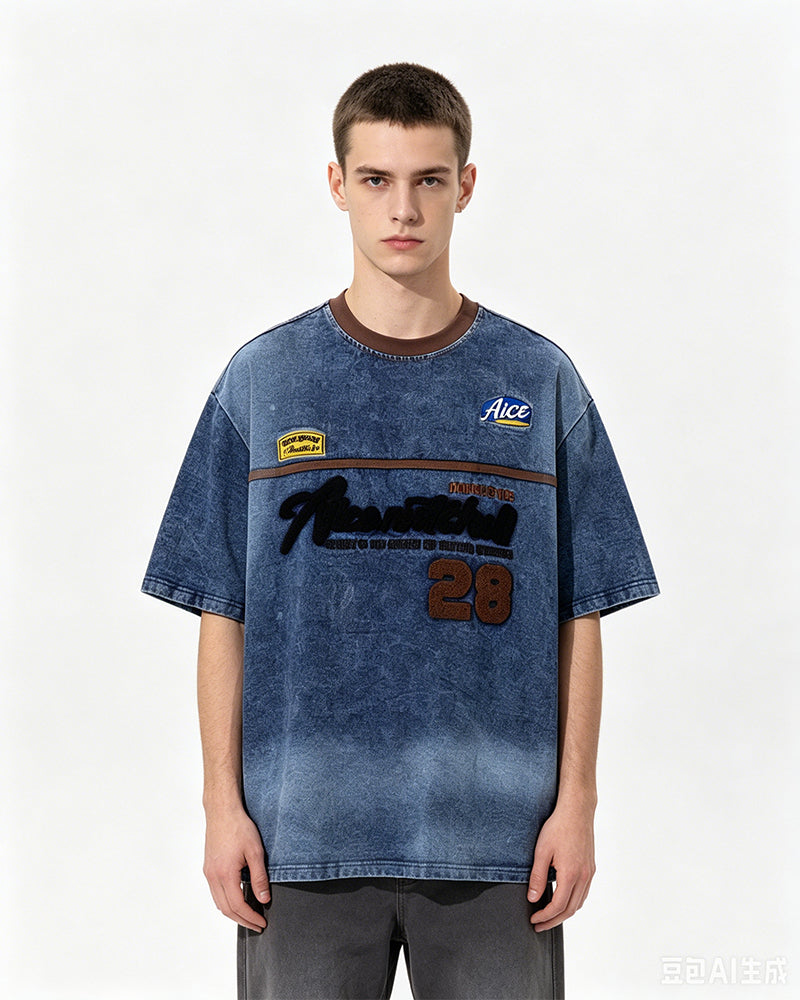 Appliqué Embroidered Denim Short-Sleeve T-Shirt