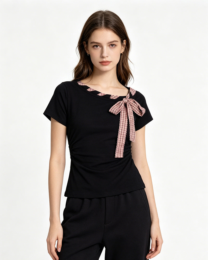 Women's Slim Fit Short-Sleeve T-Shirt with Bow Tie