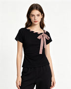 Women's Slim Fit Short-Sleeve T-Shirt with Bow Tie