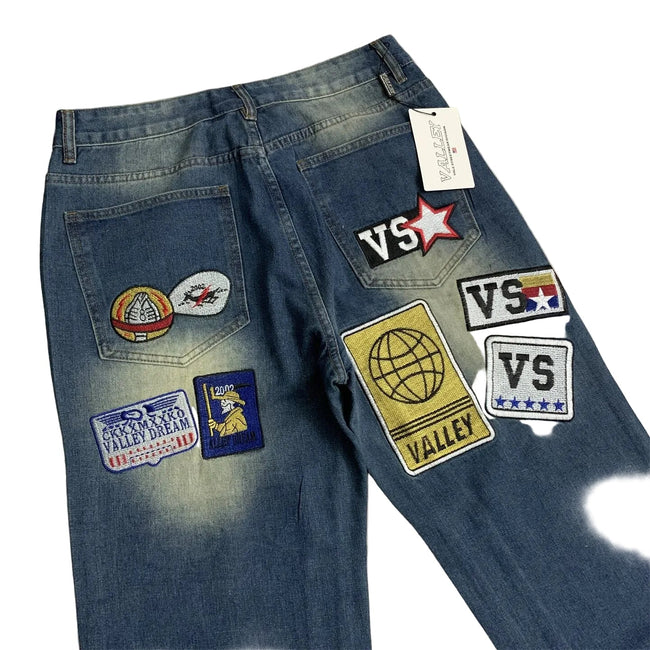 Valley Multi‑Patch Rhinestone Letter Baggy Jeans, Vintage Washed‑Blue Unisex Wide‑Leg Denim Pants Main Image