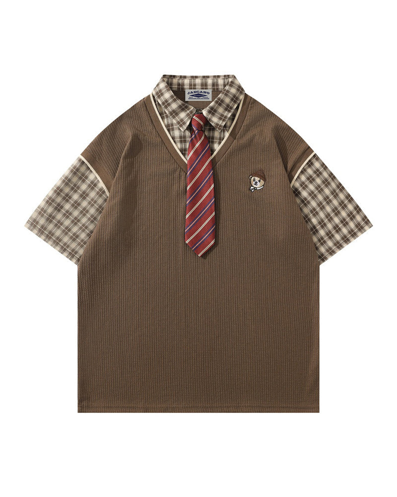 Faux two-piece spliced short-sleeved shirt
