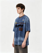 Appliqué Embroidered Denim Short-Sleeve T-Shirt