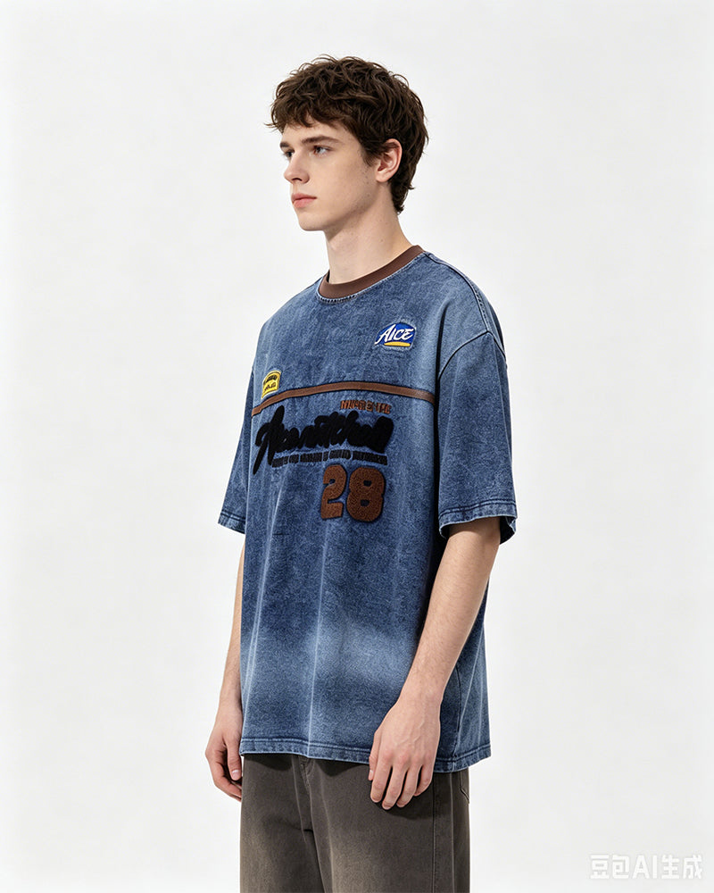 Appliqué Embroidered Denim Short-Sleeve T-Shirt